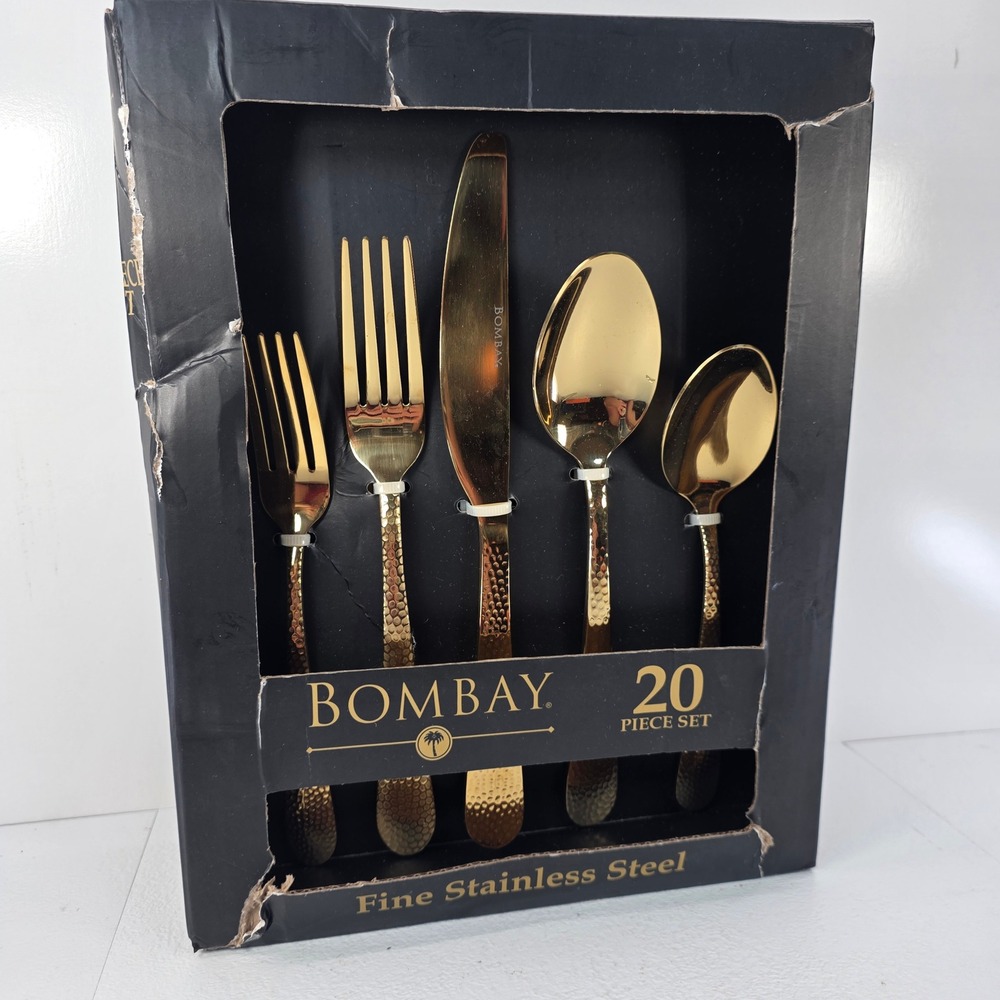 20 Piece Bombay Sierra Gold Flatware Hammered Stainless Steel BF71724